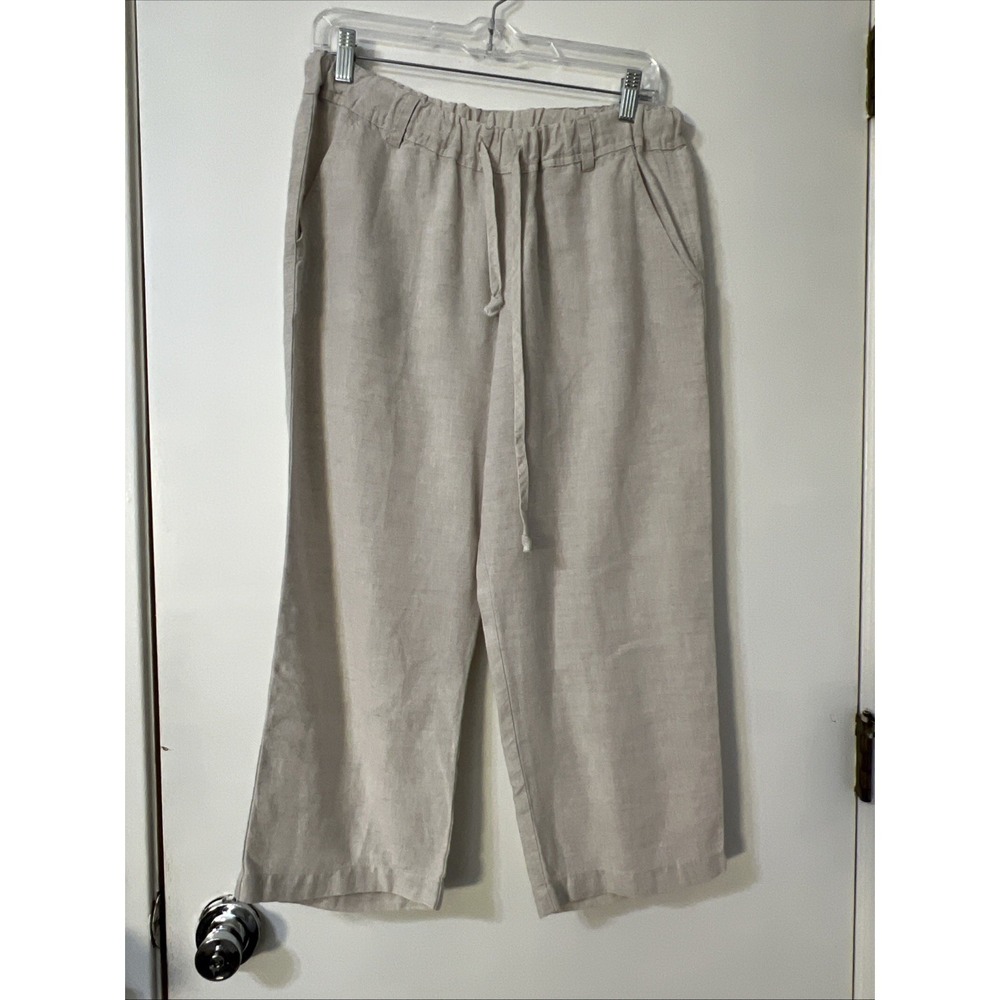 Allen Allen Pants Womens M Linen Tan  Pull On Elastic Waist Pockets Coastal
